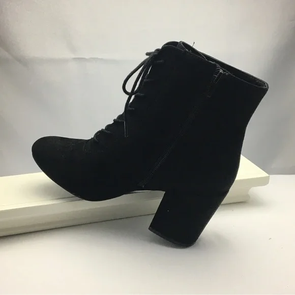 BLACK FAUX SUEDE STACKED HEEL BOOTS - Picture 6 of 15